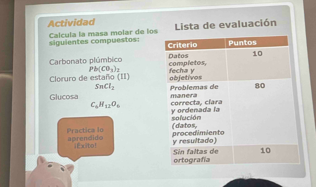 Actividad 
Calcula la masa molar de los Lista de evaluación 
siguientes compuestos: 
Carbonato plúmbico
Pb(C0_3)_2
Cloruro de estaño (II)
SnCl_2
Glucosa
C_6H_12O_6
Practica lo 
aprendido 
iÉxito!