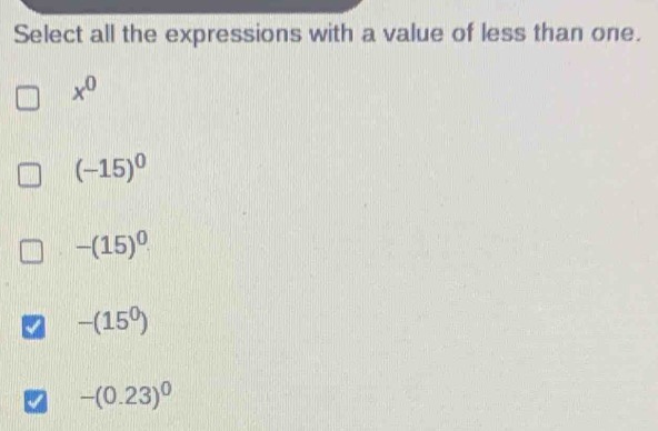 Select all the expressions with a value of less than one.
x^0
(-15)^0
-(15)^0
-(15^0)
-(0.23)^0