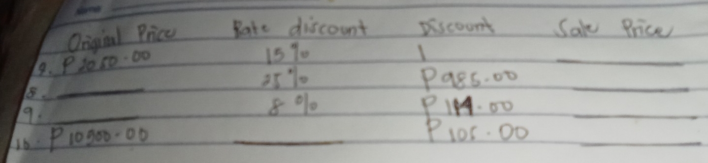 Original Price 
Rate discount Discount Sake Price 
9. P20 s0-00
15% I 
_ 
8. _ 25 % 0 Pass. 00_ 
9._
8% 0 Pl. 00 _ 
6. P10000-00 _ 
_ 
P10r. 0o