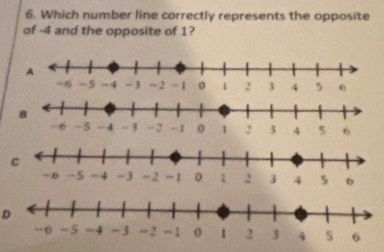 Which number line correctly represents the opposite 
of -4 and the opposite of 1?
D