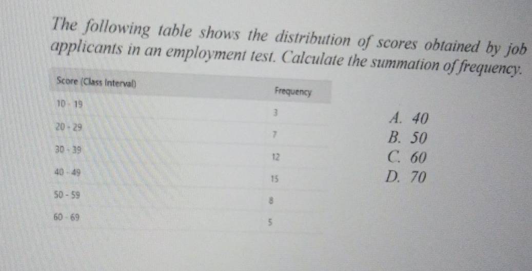 The following table shows the distribution of scores obtained by job
applicants in an employment test. Calculate the summation of frequency.
A. 40
B. 50
C. 60
D. 70