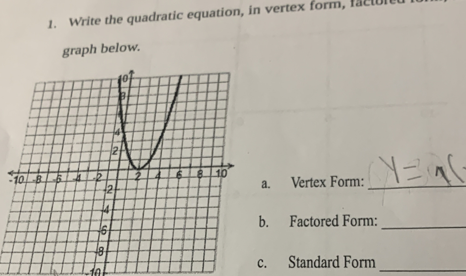 Write the quadratic equation, in vertex form, factule graph below ...