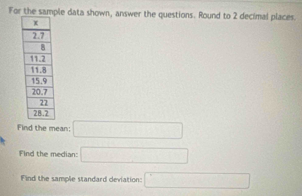 For the sample data shown, answer the questions. Round to 2 decimal places. 
Find the mean: □
Find the median: □ 
Find the sample standard deviation: □