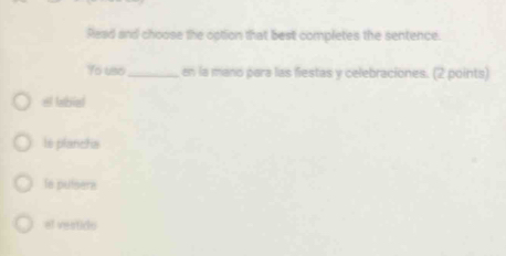 Read and choose the option that best completes the sentence.
Yo uso_ en la mano para las fiestas y celebraciones. (2 points)
el labial
le plancha
le pulsera
el vestido