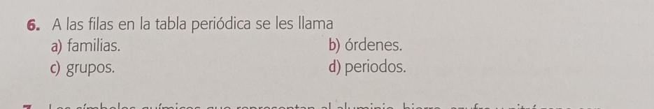 A las filas en la tabla periódica se les llama
a) familias. b) órdenes.
c) grupos. d) periodos.