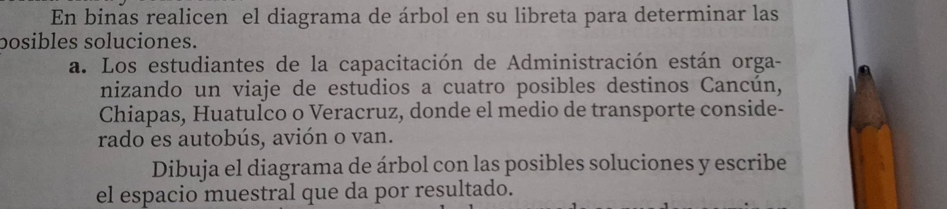 En binas realicen el diagrama de árbol en su libreta para determinar las 
posibles soluciones. 
a. Los estudiantes de la capacitación de Administración están orga- 
nizando un viaje de estudios a cuatro posibles destinos Cancún, 
Chiapas, Huatulco o Veracruz, donde el medio de transporte conside- 
rado es autobús, avión o van. 
Dibuja el diagrama de árbol con las posibles soluciones y escribe 
el espacio muestral que da por resultado.