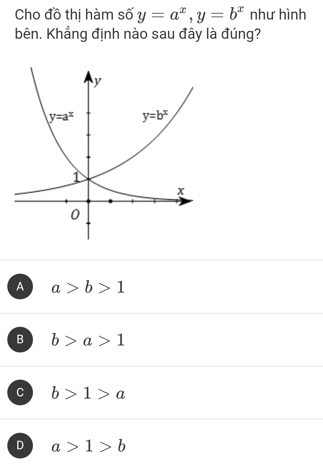 Cho đồ thị hàm số y=a^x,y=b^x như hình
bên. Khẳng định nào sau đây là đúng?
A a>b>1
B b>a>1
C b>1>a
D a>1>b