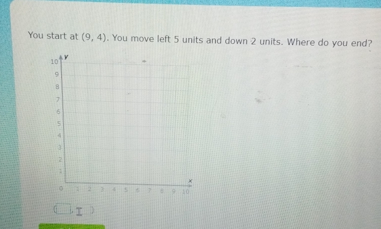 You start at (9,4). You move left 5 units and down 2 units. Where do you end?
(□ ,□