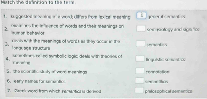 Solved: Match the definition to the term. 1. suggested meaning of a ...