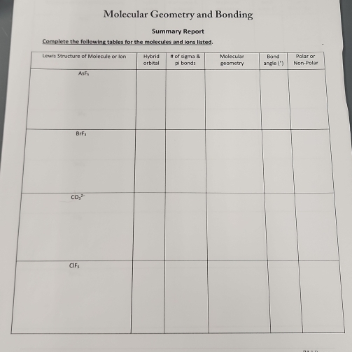 Molecular Geometry and Bonding
Summary Report