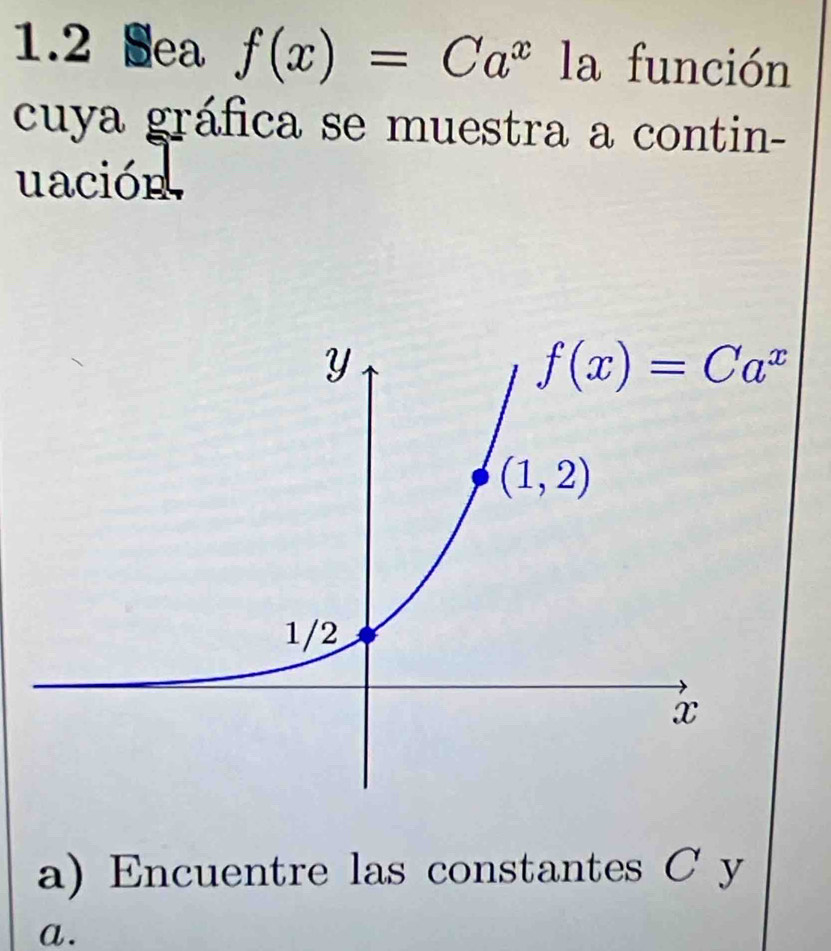 1.2 Sea f(x)=Ca^x la función
cuya gráfica se muestra a contin-
uación
a) Encuentre las constantes C y
a.