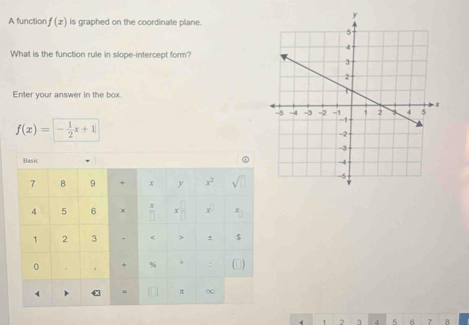 A function f(x) is graphed on the coordinate plane.
What is the function rule in slope-intercept form?
Enter your answer in the box.
f(x)=- 1/2 x+1|
1 1 2 3 4 5 6 7 8