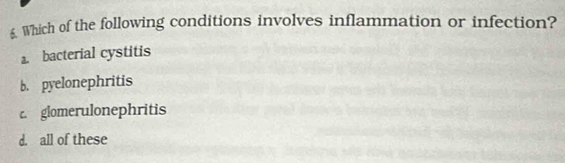 Which of the following conditions involves inflammation or infection?
a. bacterial cystitis
b. pyelonephritis
c. glomerulonephritis
d. all of these