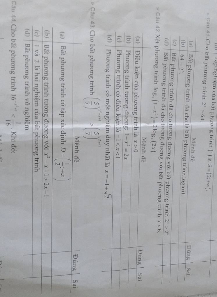 Tập nghiệm của bất phương trình (1) là S=(2;+∈fty ).
* Cầu 41. Cho bất phương trình 2^x>64.
* nh log _2(1-x^2)=2log _4(2x)
Câu 43. Cho bất phương trình ( 5/7 )^x^2-x+1>( 5/7 )^2x-1
Câu 44 Cho bất phương trình 16^(-x^2)+1 . Khi đó: