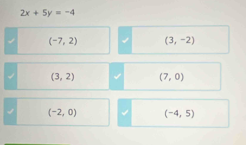 2x+5y=-4
(-7,2)
(3,-2)
(3,2)
(7,0)
(-2,0)
(-4,5)