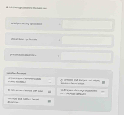 Match the application to its main role.
word processing application
spreadsheet application
presentation apptication
Possible Answers
organising and reviewing dato to combine txxd, images and videus
stored in a table in a number of slides
to help us send emails with ease on a desktop computer to design and change documents
to create and edit text based 
documents