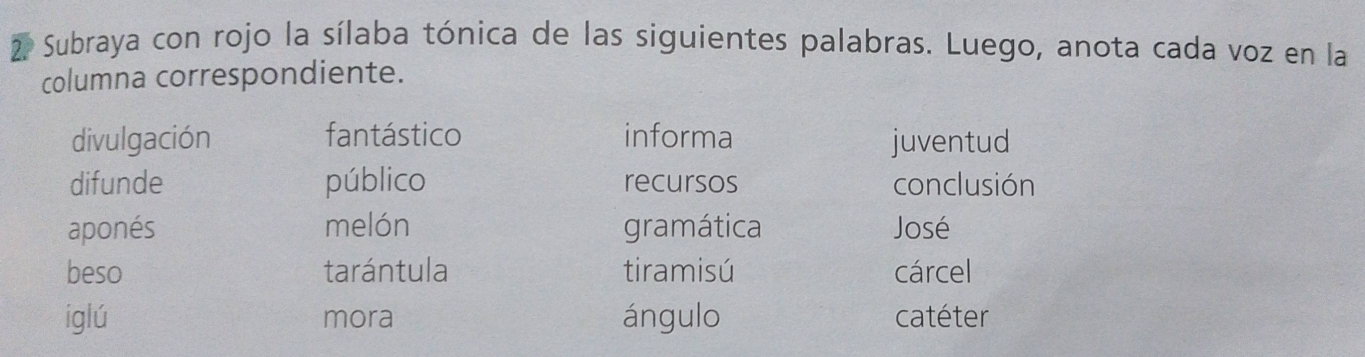 Subraya con rojo la sílaba tónica de las siguientes palabras. Luego, anota cada voz en la 
columna correspondiente. 
divulgación fantástico informa juventud 
difunde público recursos conclusión 
aponés melón gramática José 
beso tarántula tiramisú cárcel 
iglú mora ángulo catéter