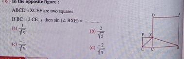 ( 6 ) In the opposite figure :
ABCD , XCEF are two squares. 
If BC=3CE , then sin (∠ BXE)= _
(a)  1/sqrt(5) 
(b)  2/sqrt(5) 
(c)  (-1)/sqrt(5) 
(d)  (-2)/sqrt(5) 