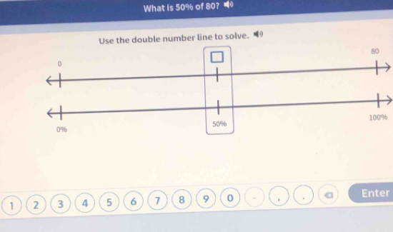 What is 50% of 80? 
Use the double number line to solve.
1 2 3 4 5 6 7 8 9 0 Enter