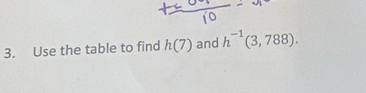 Use the table to find h(7) and h^(-1)(3,788).