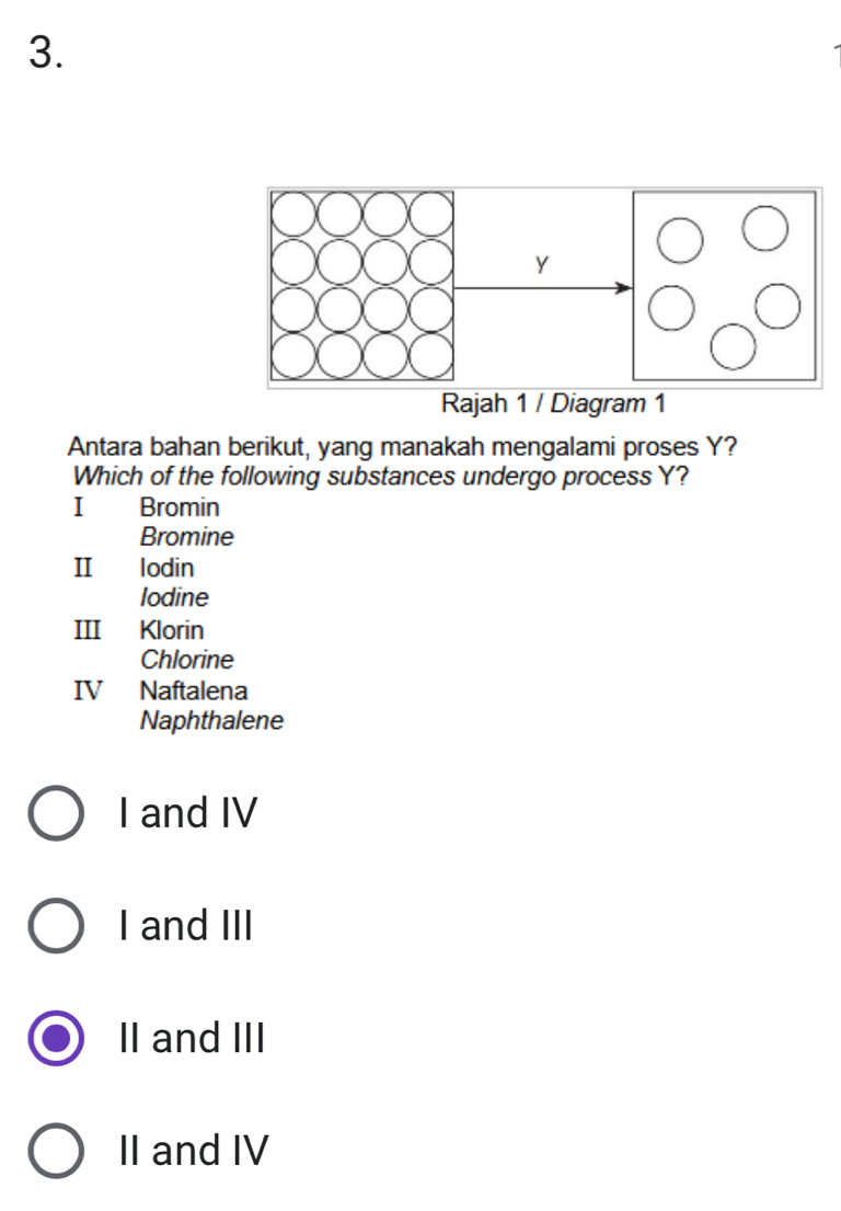 Rajah 1 / Diagram 1
Antara bahan berikut, yang manakah mengalami proses Y?
Which of the following substances undergo process Y?
I Bromin
Bromine
Ⅱ lodin
lodine
III Klorin
Chlorine
IV Naftalena
Naphthalene
I and IV
I and III
II and III
II and IV