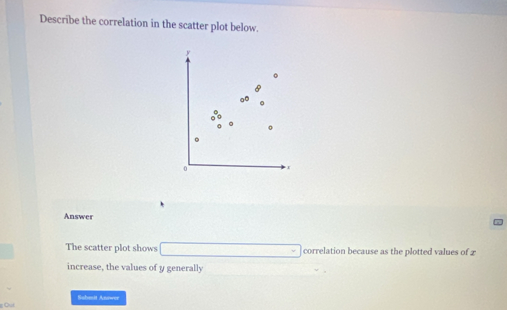 Describe the correlation in the scatter plot below.
y
。 
。 
。 
。 
。 
0
x
Answer 
The scatter plot shows □ correlation because as the plotted values of x
increase, the values of y generally ∴ △ ABC=△ CDB^(□) 
Submit Answer 
g Out