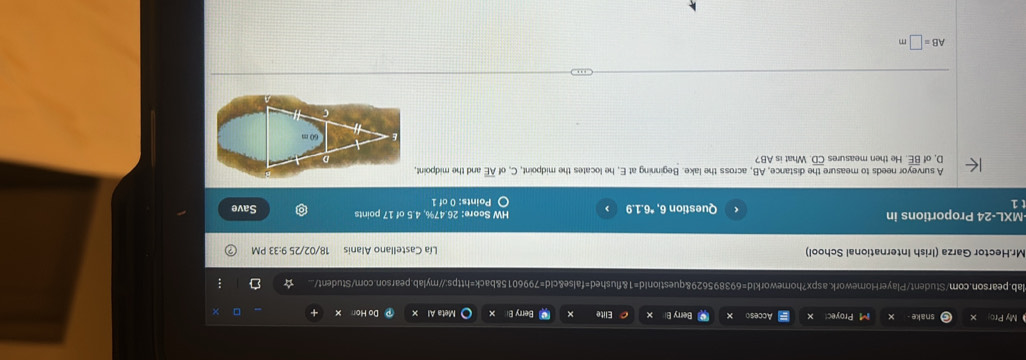 My Pro snake - Proyec Acceso Berry Bi Elite Berry B Meta Al Do Hon 
lab.pearson.com/Student/PlayerHomework.aspx?homeworkid=693895629&questionId=1&flushed=false&cid=7996015&back=https://mylab.pearson.com/Student/. ☆ 
Mr.Hector Garza (Irish International School) Lía Castellano Alanis 18/02/25 9:33 PM 
-MXL-24 Proportions in 
t 1 Question 6, *6.1.9 HW Score: 26.47%, 4.5 of 17 points Save 
Points: 0 of 1 
A surveyor needs to measure the distance, AB, across the lake. Beginning at E, he locates the midpoint, C, of overline AE and the midpoin
D, of BE. He then measures CD. What is AB?
AB=□ m