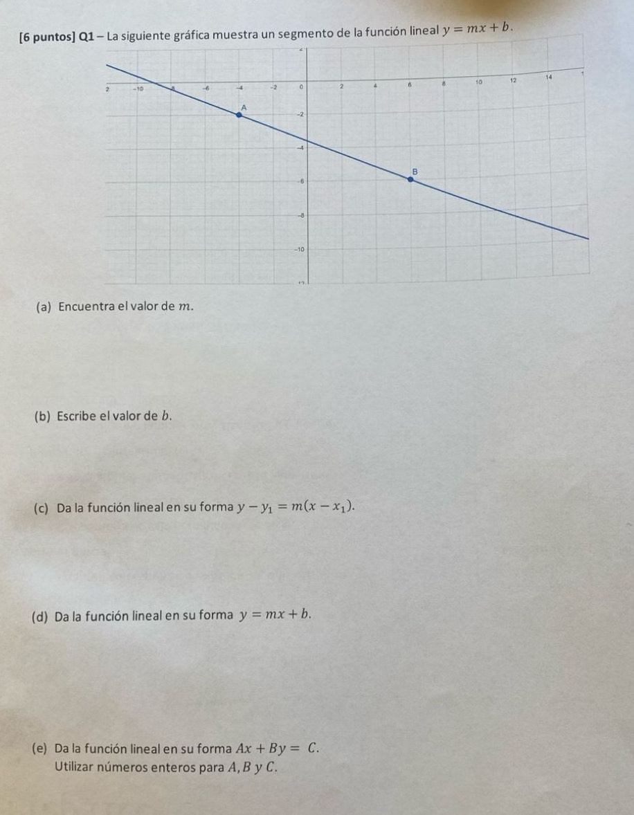 [6 puntos] Q1 - La siguiente gráfica muestra un segmento de la función lineal y=mx+b. 
(a) Encuentra el valor de m. 
(b) Escribe el valor de b. 
(c) Da la función lineal en su forma y-y_1=m(x-x_1). 
(d) Da la función lineal en su forma y=mx+b. 
(e) Da la función lineal en su forma Ax+By=C. 
Utilizar números enteros para A, B y C.