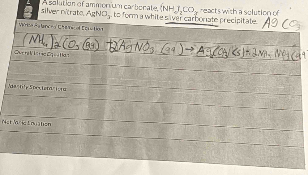 A solution of ammonium carbonate, (NH_4)_2CO_3 , reacts with a solution of 
a silver nitrate, AgNO_3 , to form a white silver carbonate precipitate. 
Write Balanced Chemical Equation 
Overall Ionic Equation 
Identify Spectator Ions 
Net Ionic Equation