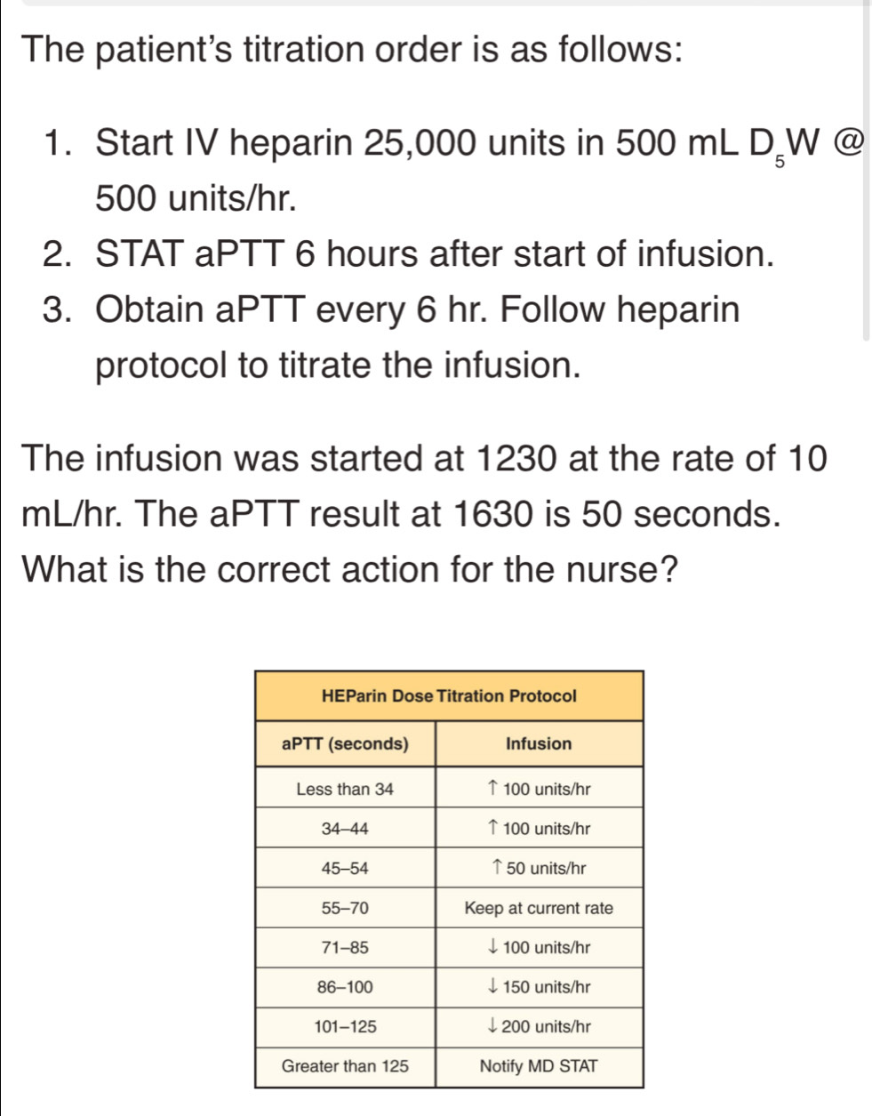 The patient's titration order is as follows: 
1. Start IV heparin 25,000 units in 500 mL D_5V N @
500 units/hr. 
2. STAT aPTT 6 hours after start of infusion. 
3. Obtain aPTT every 6 hr. Follow heparin 
protocol to titrate the infusion. 
The infusion was started at 1230 at the rate of 10
mL/hr. The aPTT result at 1630 is 50 seconds. 
What is the correct action for the nurse?