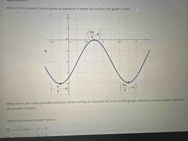 Which of the answer choices gives an equation in terms of cos θ for the graph below?
While there are many possible solutions when writing an equation for a sinusoidal graph, only one correct an wer is given in
the answer choices.
Select the correct answer below.
y=2cos (x- π /4 )-2