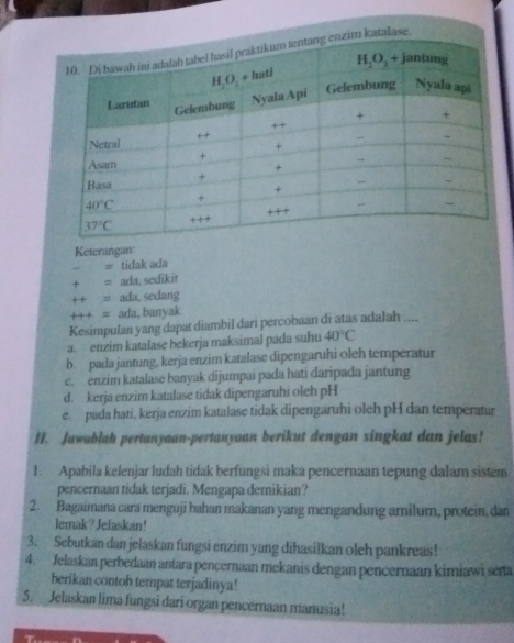 Keterangan:
= tidak ada
+ ada, sedikit
+ + ada, sedang
+++ = ada, banyak
Kesimpulan yang dapat diambil dari percobaan di atas adalah ....
a. enzim katalase bekerja maksimal pada suhu 40°C
b. pada jantung, kerja enzim katalase dipengaruhi oleh temperatur
c. enzim katalase banyak dijumpai pada hati daripada jantung
d. kerja enzim katalase tidak dipengaruhi oleh pH
e. pada hati, kerja enzim katalase tidak dipengaruhi oleh pH dan temperatur
H. Jawablah pertanyaan-pertanyaan berikut dengan singkat dan jelas!
1. Apabila kelenjar ludah tidak berfungsi maka pencernaan tepung dalam sistem
pencernaan tidak terjadi. Mengapa demikian?
2. Bagaimana cara mengujī bahan makanan yang mengandung amîlum, protein, dan
lemak? Jelaskan!
3. Sebutkan dan jelaskan fungsi enzim yang dihasilkan oleh pankreas!
4. Jelaskan perbedaan antara pençernaan mekanis dengan pencernaan kimiawi serta
berikan contoh tempat terjadinya!
5. Jelaskan lima fungsi dari organ pencernaan manusia!