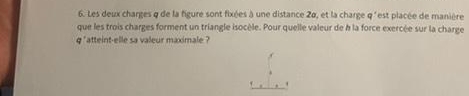 Les deux charges q de la figure sont fixées à une distance 20, et la charge q 'est placée de manière 
que les trois charges forment un triangle isocèle. Pour quelle valeur de à la force exercée sur la charge
q * atteint-elle sa valeur maximale