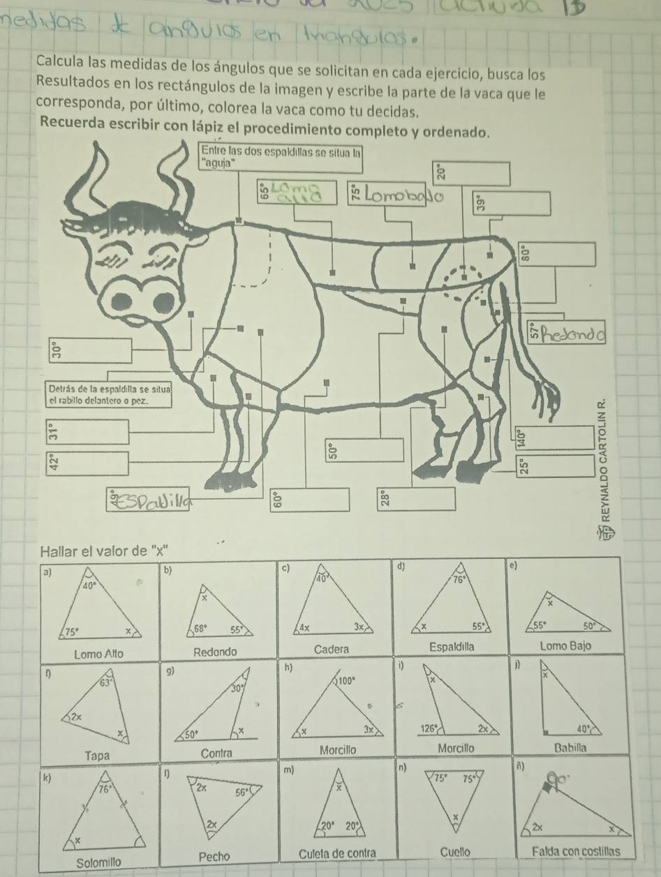 Calcula las medidas de los ángulos que se solicitan en cada ejercicio, busca los
Resultados en los rectángulos de la imagen y escribe la parte de la vaca que le
corresponda, por último, colorea la vaca como tu decidas.
Recuerda escribir con lápiz el p
Solomillo