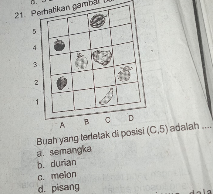 Perhatikan gambal
Buah yang terletak di pos (C,5) adalah …
a. semangka
b. durian
c. melon
d. pisang