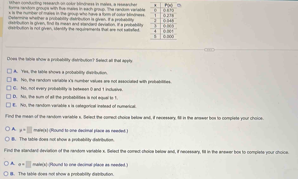 When conducting research on color blindness in males, a researcher 
forms random groups with five males in each group. The random variable
x is the number of males in the group who have a form of color blindness.
Determine whether a probability distribution is given. If a probability 
distribution is given, find its mean and standard deviation. If a probability 
distribution is not given, identify the requirements that are not satisfied. 
Does the table show a probability distribution? Select all that apply.
A. Yes, the table shows a probability distribution.
B. No, the random variable x's number values are not associated with probabilities.
C. No, not every probability is between 0 and 1 inclusive.
D. No, the sum of all the probabilities is not equal to 1.
E. No, the random variable x is categorical instead of numerical.
Find the mean of the random variable x. Select the correct choice below and, if necessary, fill in the answer box to complete your choice.
A. mu =□ male(s) (Round to one decimal place as needed.)
B. The table does not show a probability distribution.
Find the standard deviation of the random variable x. Select the correct choice below and, if necessary, fill in the answer box to complete your choice.
A. sigma =□ male(s) (Round to one decimal place as needed.)
B. The table does not show a probability distribution.