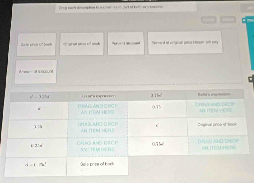 Drag each description to explain each part of both expressions
Sale price of book Original price of book Percent discount Percent of original price Hasan will pay
Amount of discount