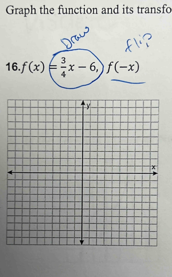 Graph the function and its transfo 
16. f(x)= 3/4 x-6,)f(-x)
_