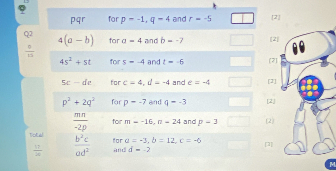 Q2
 0/15 
Tot
 12/30 
M