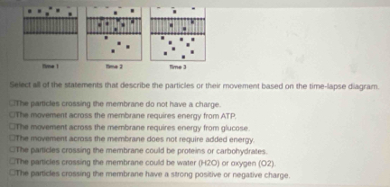 time 1 Time 2 time 3
Select all of the statements that describe the particles or their movement based on the time-lapse diagram.
⊥The particles crossing the membrane do not have a charge.
≌The movement across the membrane requires energy from ATP.
[The movement across the membrane requires energy from glucose.
]The movement across the membrane does not require added energy.
]The particles crossing the membrane could be proteins or carbohydrates.
*The particles crossing the membrane could be water (H2O) or oxygen (O2).
]The particles crossing the membrane have a strong positive or negative charge.