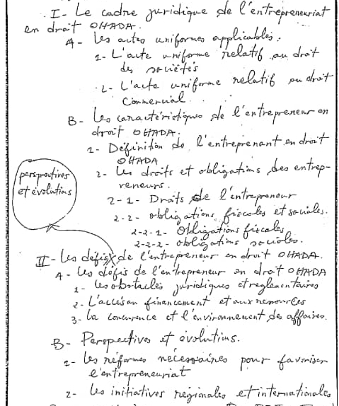 Le cadne puridique pe Pentrepreneriat 
en drat 014DA. 
4- Les antoo uniformes applicables. 
2- Laute unilorme Relatib an drn't 
do pociefes 
2- Lacte uniforme nelatib ou doo't 
Conmerual. 
B. (eo canacteriehipwo ple entreprenenr on 
droif 6DA. 
2. Definition do Rentreprenant an drin't 
HHDA 
perspractives 2. Wndrits et obligations doo entrep- 
ef evolutions reneurs. 
2-1. Drats e Iintreproner 
2. 2- bligations fiscudes et foviales. 
1-2. 2. oldigations fiscales 
2-2-2-obleatns souoleo. 
It- Lin defiskdo C'ontreprenour on druit ob+ADA. 
4- us dolis de tentrepreneur on drot o OA 
1- lesobitacles juridiquo etreglemn towing 
2. Laccisan financement of our nemources 
3. la contupnce of l anvironmement do affaioo 
B- Peropective of ovolutions. 
2- bes neformr mecenaineo pour faverier 
eentrepmreneuriat 
2. 4s inifiatives regionalso et internationale