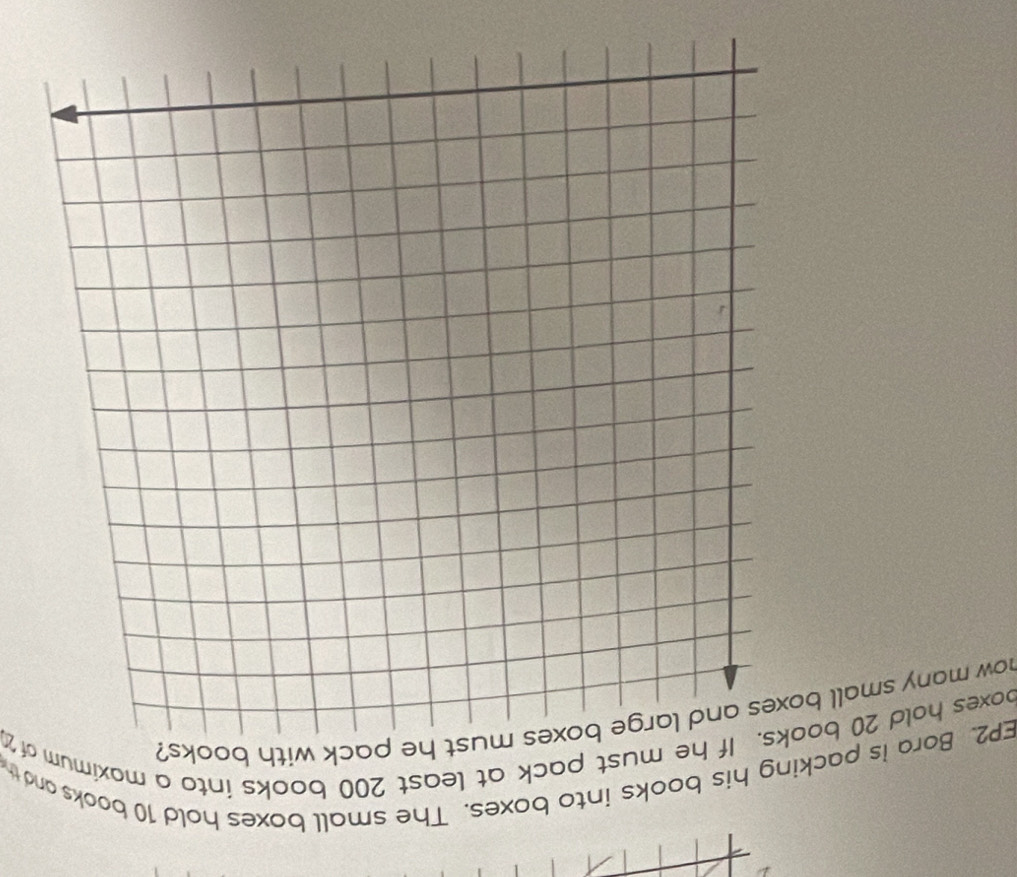 EP2. Bora is packing his books into boxes. The small boxes hold 10 books and th 
boxes hold 20 books. If he must pack at least 200 books into a maximum of 21
now many small bomust he pack with books?