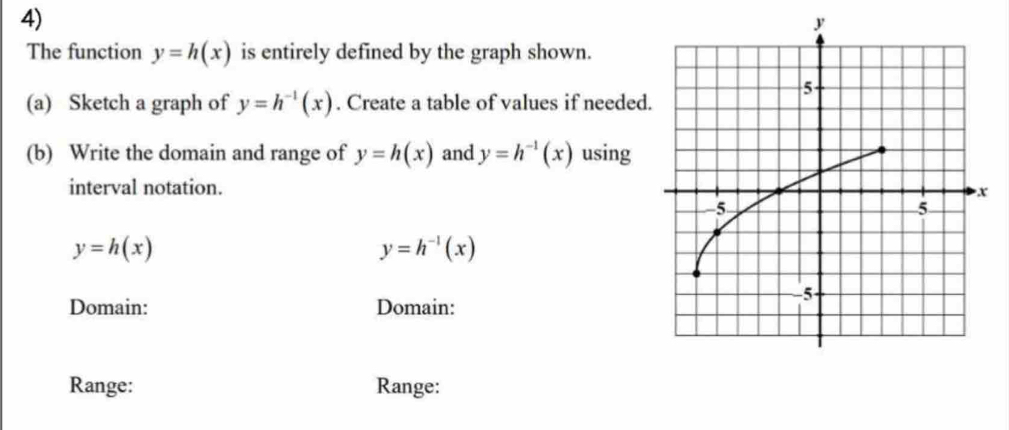 The function y=h(x) is entirely defined by the graph shown. 
(a) Sketch a graph of y=h^(-1)(x). Create a table of values if needed 
(b) Write the domain and range of y=h(x) and y=h^(-1)(x) using 
interval notation.
y=h(x)
y=h^(-1)(x)
Domain: Domain: 
Range: Range: