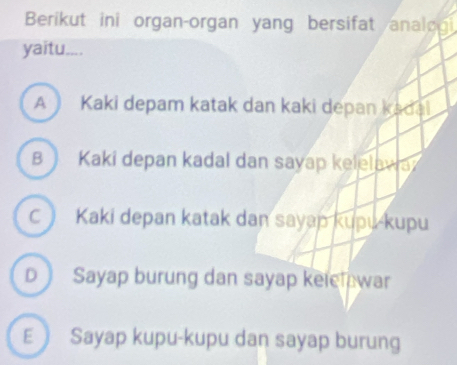 Berikut ini organ-organ yang bersifat analogi
yaitu....
A Kaki depam katak dan kaki depan kadal
B ) Kaki depan kadal dan sayap kelelawa
C Kaki depan katak dan sayap kupu-kupu
D Sayap burung dan sayap kele war
E Sayap kupu-kupu dan sayap burung