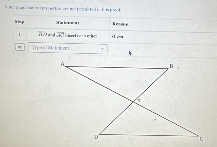 Note: quadrilateral properties are not permitted in this proof. 
Step Statement Reason 
1 overline BD and overline AC bisect each other Given 
try Type of Statement