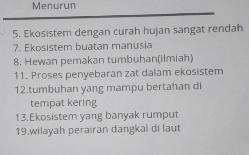 Menurun 
5. Ekosistem dengan curah hujan sangat rendah 
7. Ekosistem buatan manusia 
8. Hewan pemakan tumbuhan(ilmiah) 
11. Proses penyebaran zat dalam ekosistem 
12.tumbuhan yang mampu bertahan di 
tempat kering 
13.Ekosistem yang banyak rumput 
19.wilayah perairan dangkal di laut