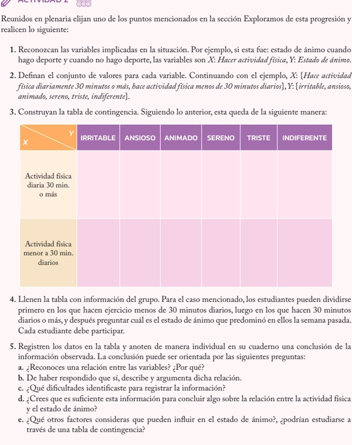 Reunidos en plenaria elijan uno de los puntos mencionados en la sección Exploramos de esta progresión y
realicen lo siguiente:
1. Reconozcan las variables implicadas en la situación. Por ejemplo, si esta fue: estado de ánimo cuando
hago deporte y cuando no hago deporte, las variables son X: Hacer actividad física, Y: Estado de ánimo.
2. Definan el conjunto de valores para cada variable. Continuando con el ejemplo, X: Hace actividad
física diariamente 30 minutos o más, bace actividad física menos de 30 minutos diarios, Y: irritable, ansioso,
animado, sereno, triste, indiferente.
3. Construyan la tabla de contingencia. Siguiendo lo anterior, esta queda de la siguiente manera:
4. Llenen la tabla con información del grupo. Para el caso mencionado, los estudiantes pueden dividirse
primero en los que hacen ejercicio menos de 30 minutos diarios, luego en los que hacen 30 minutos
diarios o más, y después preguntar cuál es el estado de ánimo que predominó en ellos la semana pasada.
Cada estudiante debe participar.
5. Registren los datos en la tabla y anoten de manera individual en su cuaderno una conclusión de la
información observada. La conclusión puede ser orientada por las siguientes preguntas:
a. ¿Reconoces una relación entre las variables? ¿Por qué?
b. De haber respondido que sí, describe y argumenta dicha relación.
c. ¿Qué dificultades identificaste para registrar la información?
d. ¿Crees que es suficiente esta información para concluir algo sobre la relación entre la actividad física
y el estado de ánimo?
e. ¿Qué otros factores consideras que pueden influir en el estado de ánimo?, ¿podrían estudiarse a
través de una tabla de contingencia?