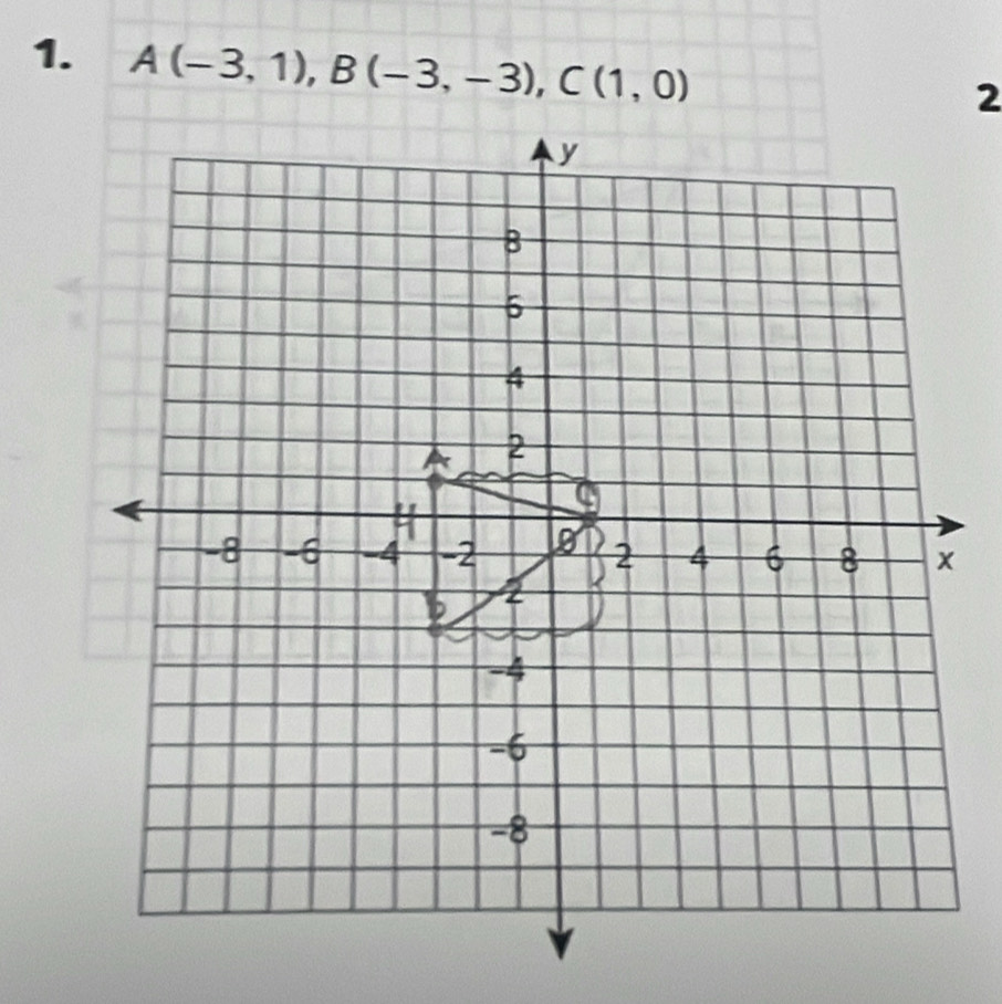 A(-3,1), B(-3,-3), C(1,0)