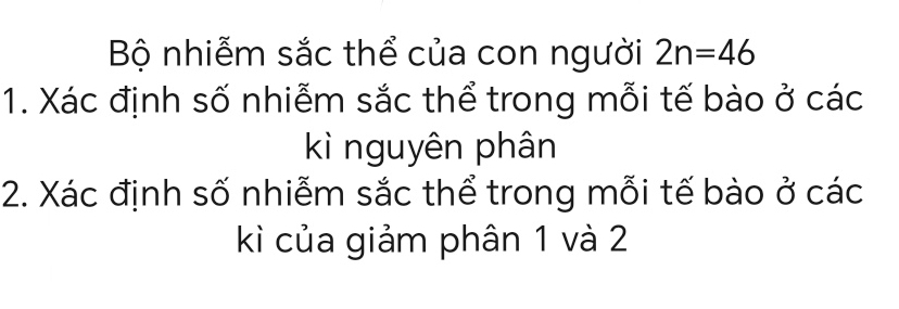 Bộ nhiễm sắc thể của con người 2n=46
1. Xác định số nhiễm sắc thể trong mỗi tế bào ở các 
kì nguyên phân 
2. Xác định số nhiễm sắc thể trong mỗi tế bào ở các 
kì của giảm phân 1 và 2