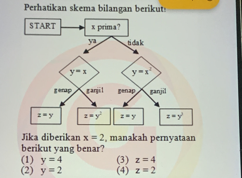 Perhatikan skema bilangan berikut!
Jika diberikan x=2 , manakah pernyataan
berikut yang benar?
(1) y=4 (3) z=4
(2) y=2 (4) z=2